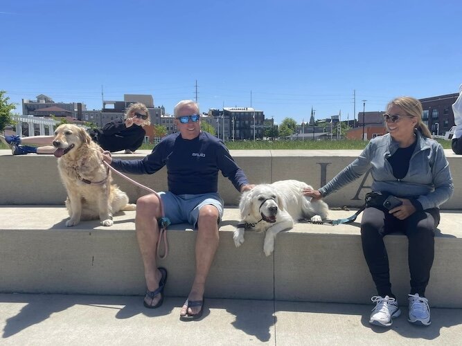 Goldens and their owners enjoy a sunny evening at the Jackson Street Pier.