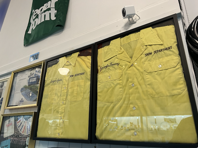 Jungle Larry and Safari Sue's original embroidered shirts are on display.