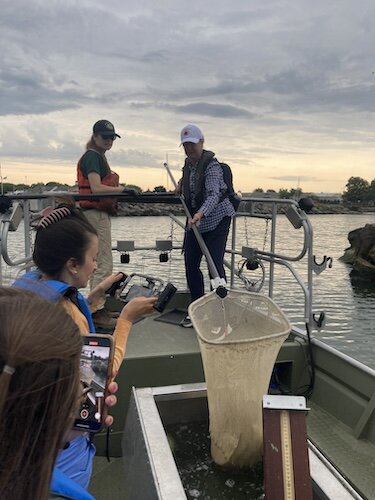 Mary Mertz, Ohio Department of Natural Resources director, moves a large freshwater drum, also called sheepshead, she netted during an electrofishing demonstration from the net into a holding tank during Fish Ohio Day.