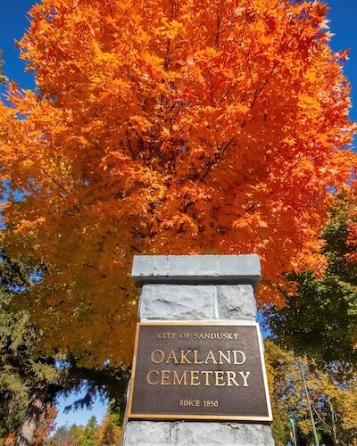 A vibrant maple greets visitors at the west entrance of Oakland Cemetery and Memorial Park.